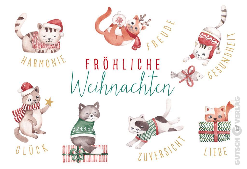 Aquarellillustration süßer Katzen in festlichen Pullovern und Hüten, umgeben von Feiertagstexten und Geschenkboxen auf Weiß.