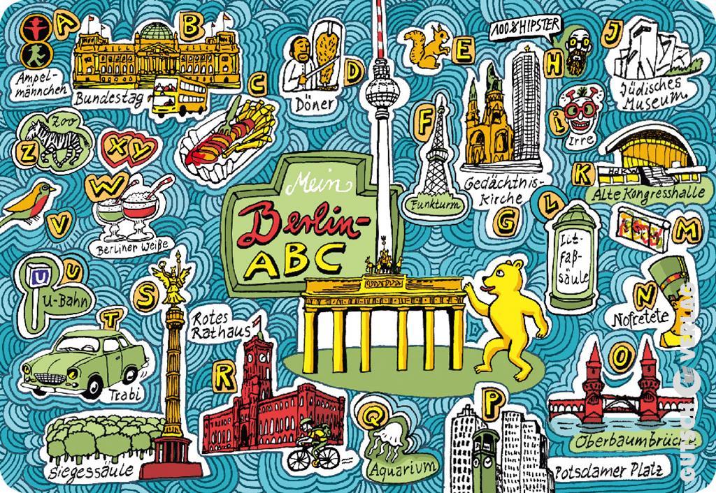 Farbenfrohe Illustration mit ikonischen Berliner Wahrzeichen und kulturellen Symbolen, angeordnet in einem verspielten Design.