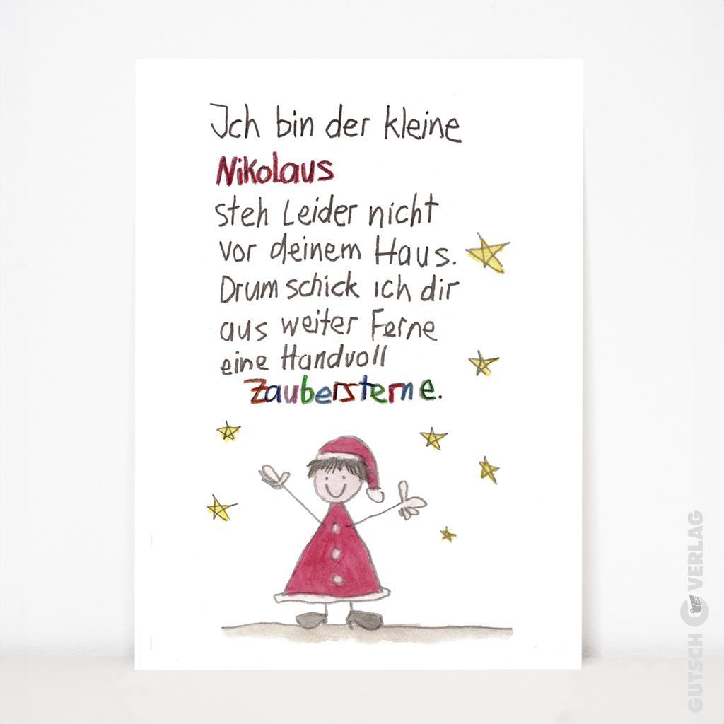 Eine farbenfrohe Kinderzeichnung mit einer kleinen Figur in einem roten Kleid und Hut, umgeben von Sternen und Text.