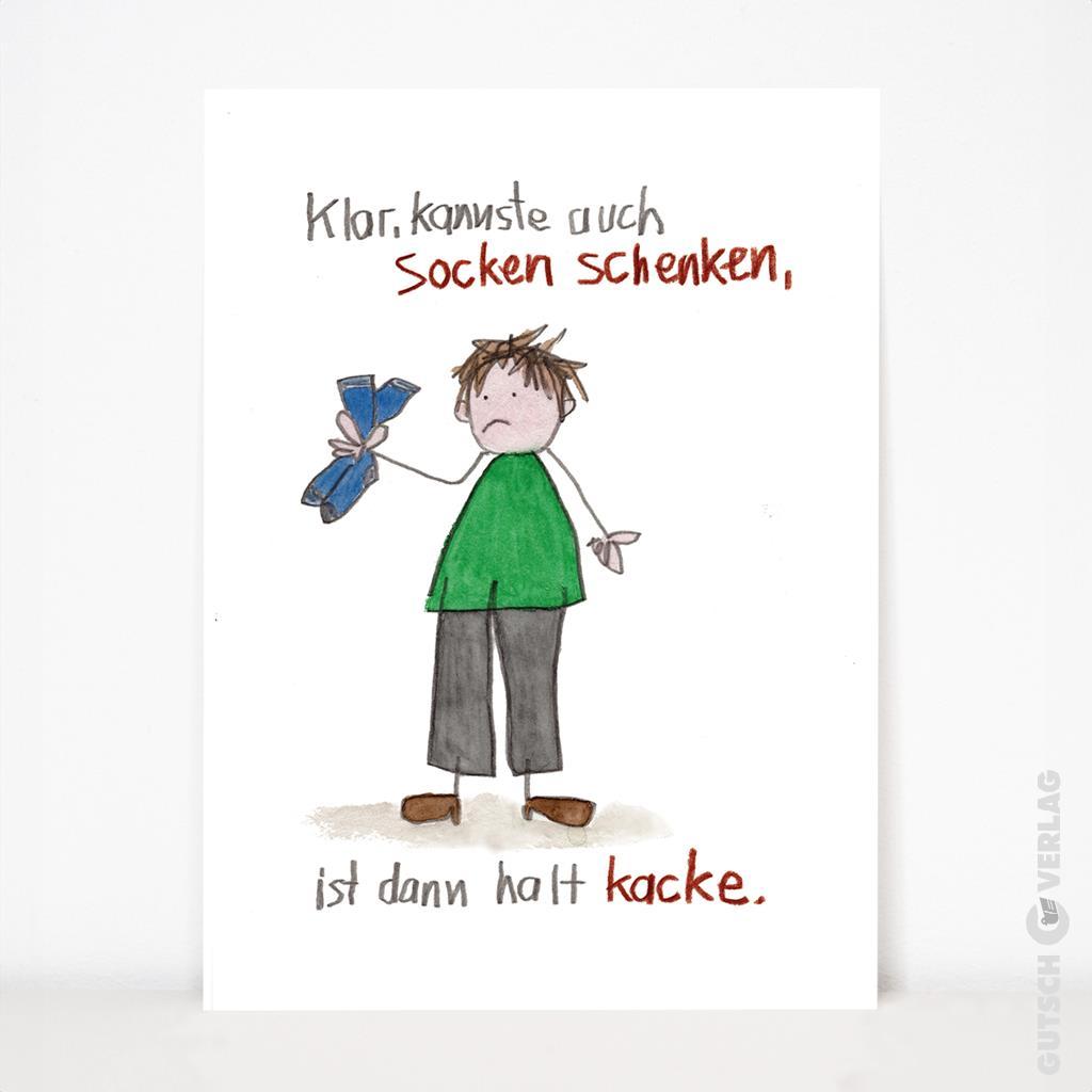 Ein Kind mit zerzausten Haaren hält blaue Socken in der Hand und sieht enttäuscht aus, mit einem humorvollen Text über die Auswahl von Geschenken.