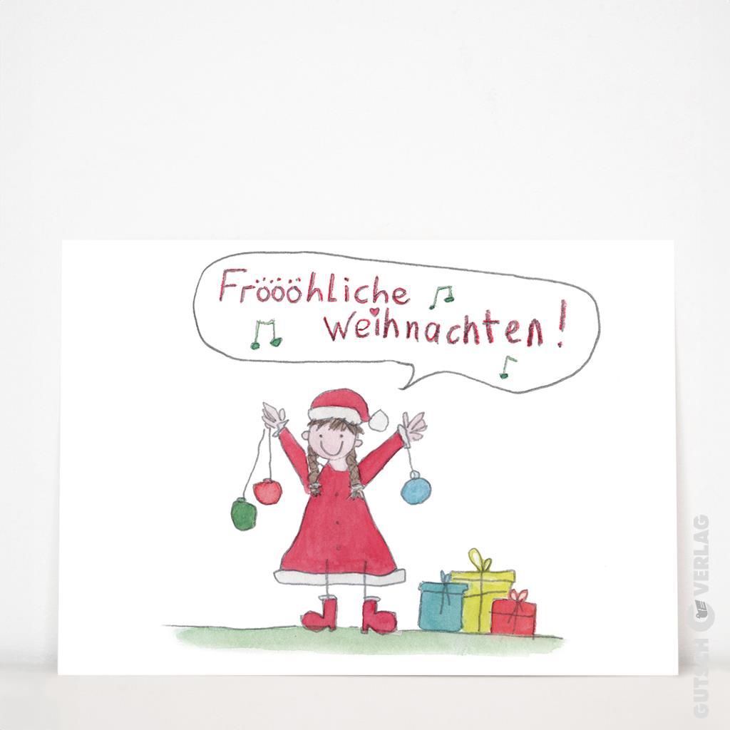 Ein fröhliches Mädchen mit Weihnachtsmütze feiert Weihnachten mit bunten Ornamenten und Geschenken um sich herum.