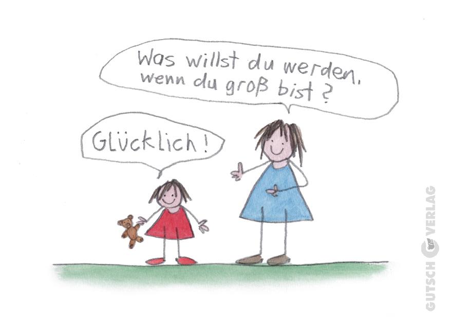 Ein Kind und ein Erwachsener diskutieren über Zukunftsträume, wobei das Kind den Wunsch zum Ausdruck bringt, glücklich zu sein.