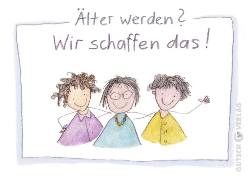 Drei fröhliche Charaktere mit unterschiedlichen Frisuren und Kleidungsstücken, die eine positive Botschaft über das Altern vermitteln.