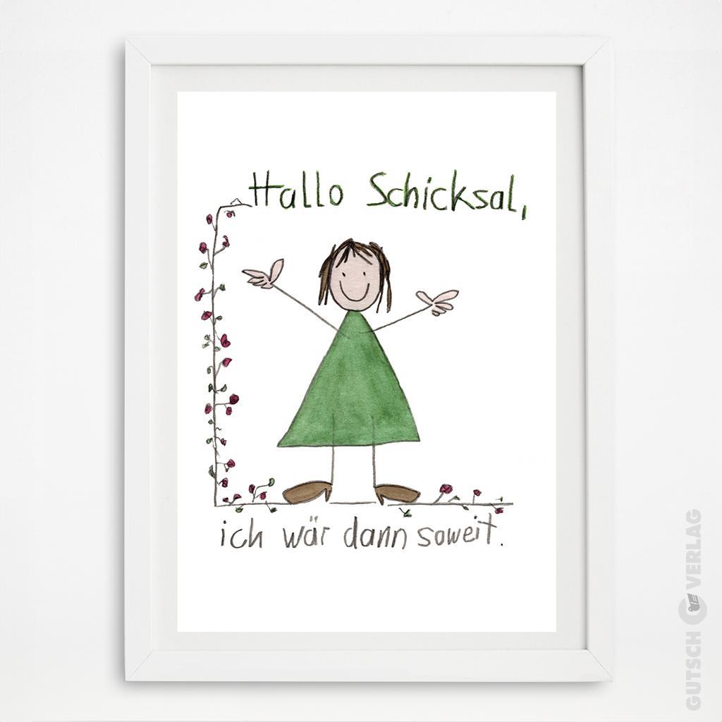 Eine fröhliche Illustration eines Mädchens in einem grünen Kleid mit einladender Pose, umgeben von Blumen und Text.