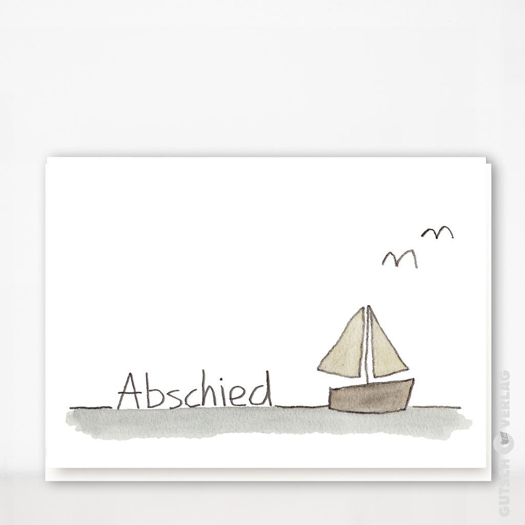 Aquarellillustration eines Bootes mit dem Wort „Abschied“ und Vögeln in einer ruhigen Umgebung.