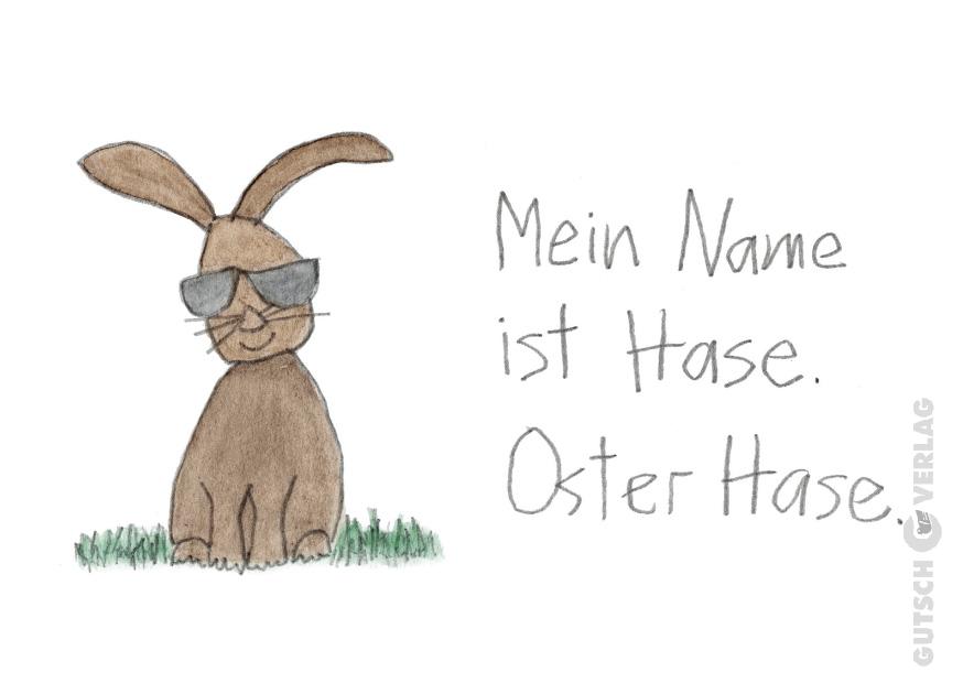 Ein Cartoon-Kaninchen mit Sonnenbrille stellt sich als Osterhase vor und sitzt auf grünem Gras.