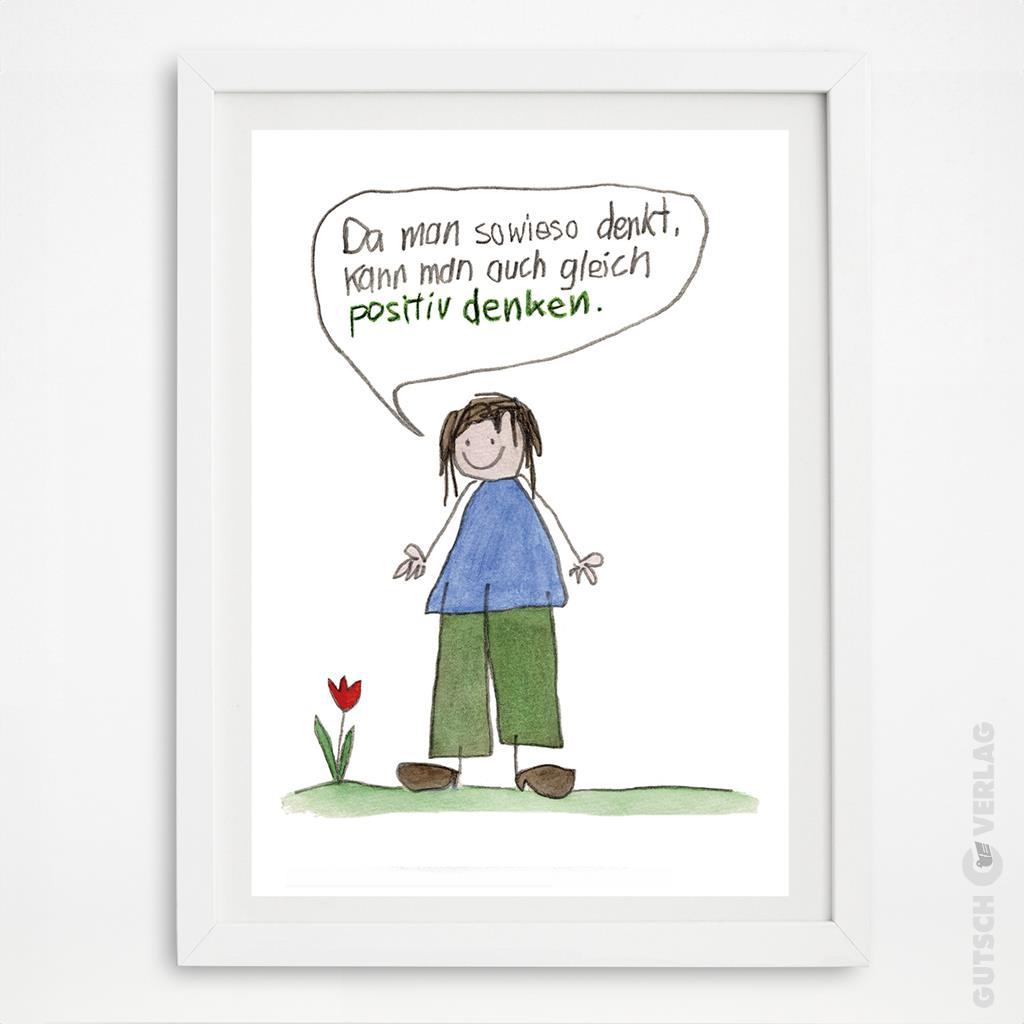 Ein Kind steht neben einer Blume und fördert mit einer Sprechblasenillustration positives Denken.