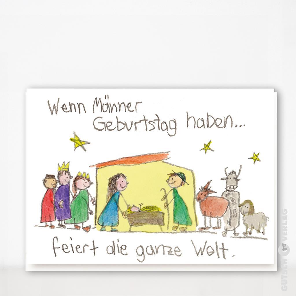 Bunte Zeichnung, die eine Geburtstagsfeier mit Figuren, Tieren und festlichen Elementen darstellt.