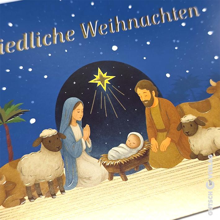 Eine Illustration der Weihnachtskrippe mit Maria, Josef und dem Jesuskind in einer Krippe, umgeben von Schafen und einem Stern.