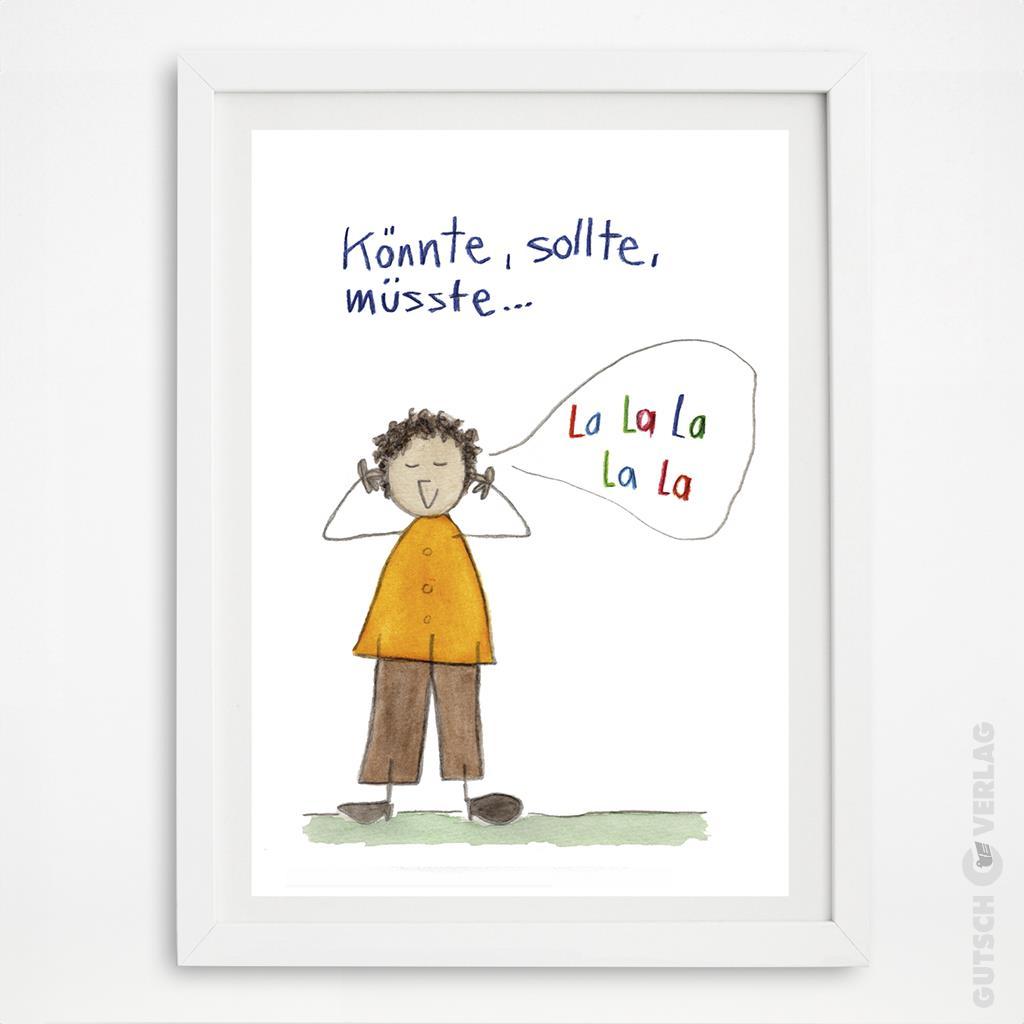 Ein Kind mit lockigem Haar hört Musik, lächelt und singt „La la la“ in einer farbenfrohen Illustration.