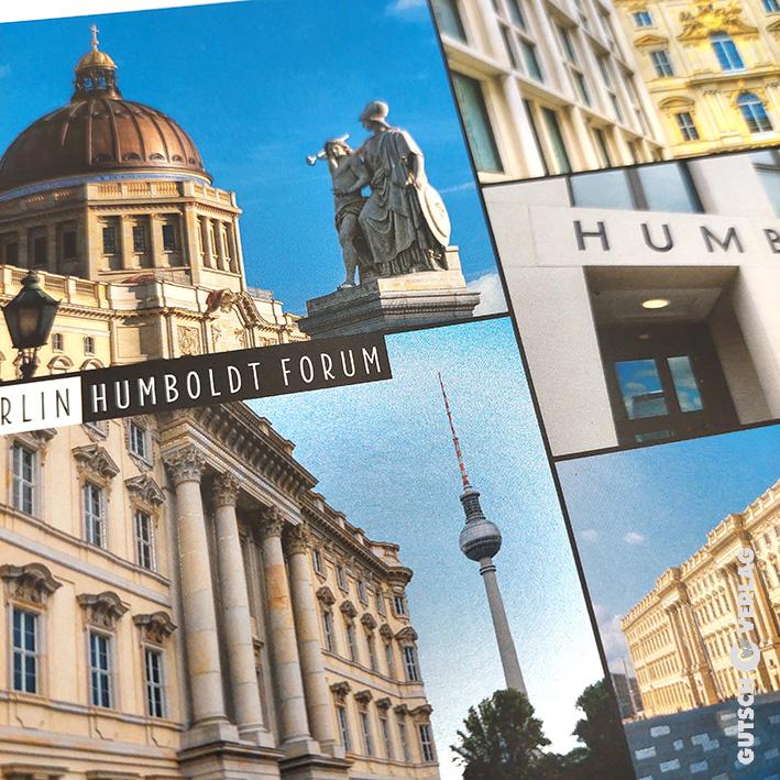 Collage des Berliner Humboldt-Forums mit Architektur und Wahrzeichen, darunter dem Fernsehturm.