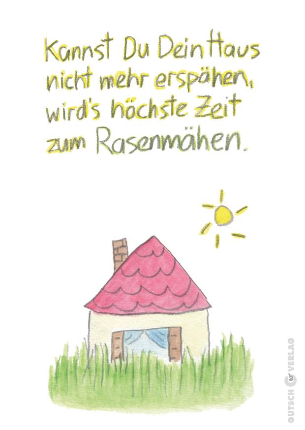 Eine skurrile Zeichnung eines Hauses mit rotem Dach, umgeben von hohem Gras und einer strahlenden Sonne am Himmel.