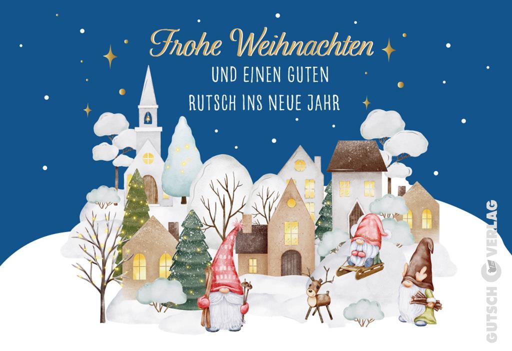 Eine festliche Winterszene mit einem kleinen Dorf, Zwergen, einem Rentier und fallendem Schnee vor dunkelblauem Hintergrund.
