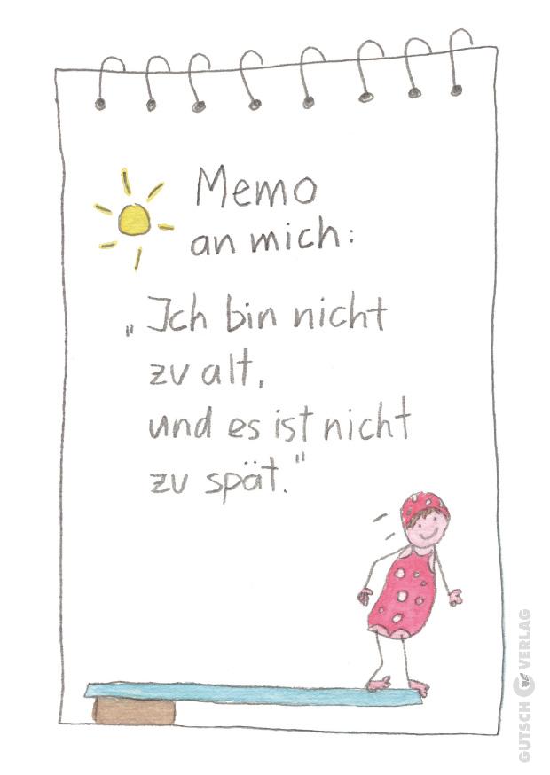 Ein handgezeichnetes Memo mit einer Sonne und einem Mädchen in einem gepunkteten Badeanzug, das Selbstbestätigung und Positivität fördert.
