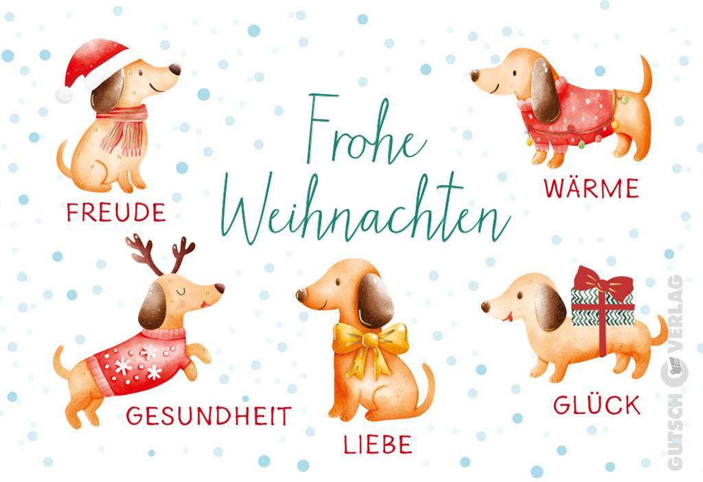 Eine festliche Illustration mit fünf süßen Dackeln in Winteroutfits vor einem Hintergrund aus hellblauen Schneeflocken.