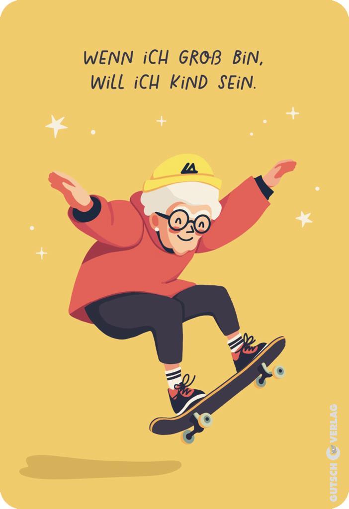 Eine ältere Frau fährt fröhlich Skateboard, trägt einen gelben Helm und einen roten Pullover vor einem leuchtend gelben Hintergrund.