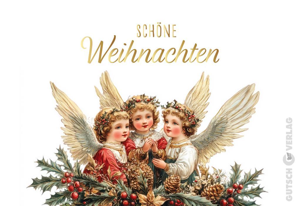 Drei Engel im Vintage-Stil mit Flügeln und Stechpalmenkränzen auf dem Kopf, umgeben von Stechpalmenbeeren und Tannenzapfen.