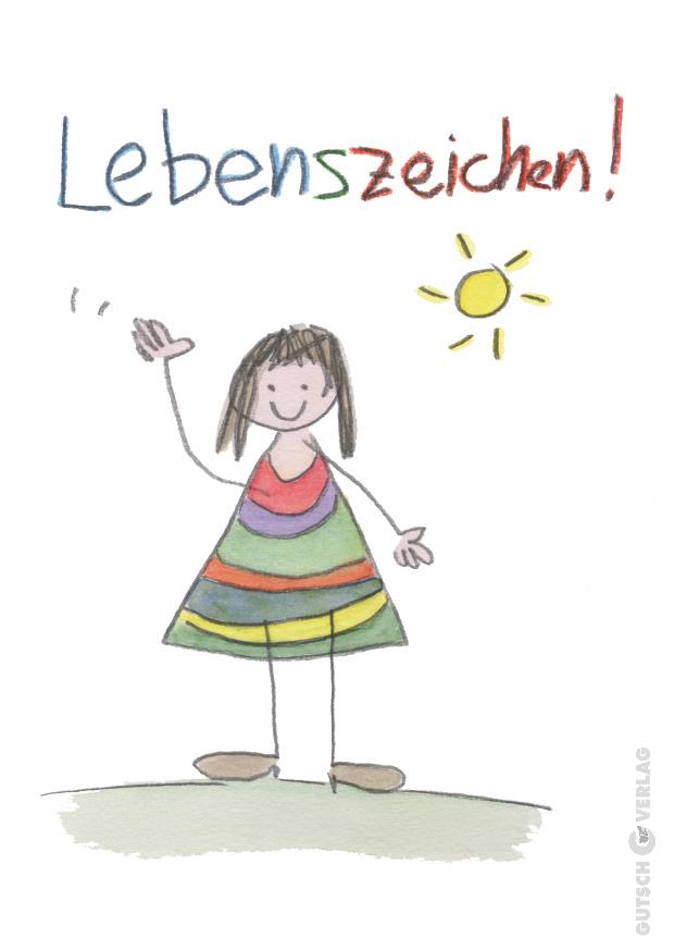 Ein fröhliches Kind winkt in einem bunten Kleid mit einer Sonne im Hintergrund, die Freude und Leben symbolisiert.