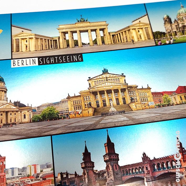 Collage berühmter Berliner Wahrzeichen, darunter das Brandenburger Tor und historische Gebäude zum Sightseeing.