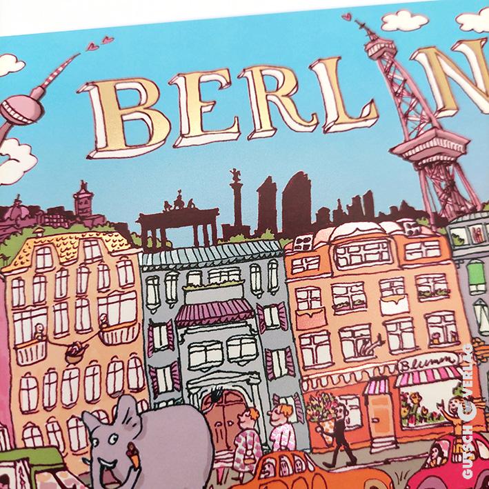 Bunte Illustration der Berliner Skyline mit berühmten Sehenswürdigkeiten und pulsierendem Stadtleben.