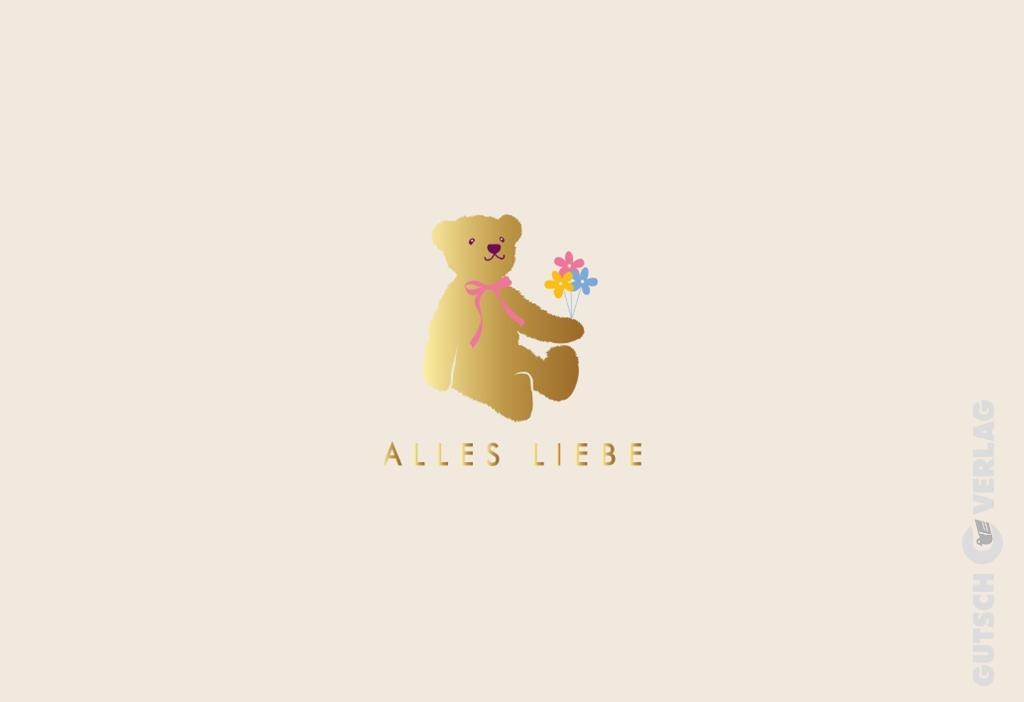 Ein goldener Teddybär mit einer rosa Schleife um den Hals hält einen kleinen Strauß bunter Blumen vor einem cremefarbenen Hintergrund.