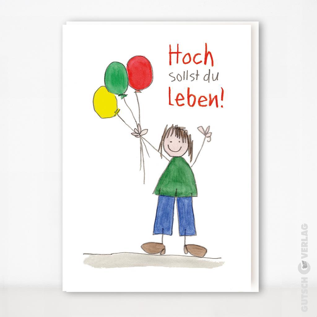Ein fröhliches Kind hält drei bunte Luftballons mit einer handgeschriebenen Botschaft auf Deutsch in der Hand, die das Leben feiert.