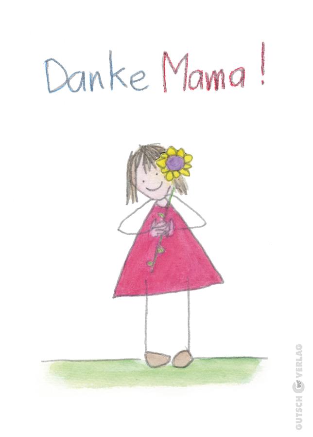 Ein Kind in einem roten Kleid hält eine Sonnenblume in der Hand und drückt seine Dankbarkeit mit den Worten „Danke Mama!“ aus. über.