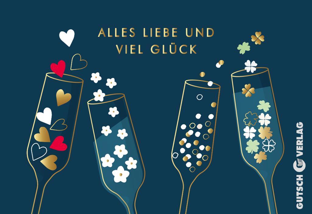 Vier Champagnerflöten auf dunkelblauem Hintergrund, gefüllt mit schwebenden Herzen, Blumen, Konfetti und Kleeblattformen.