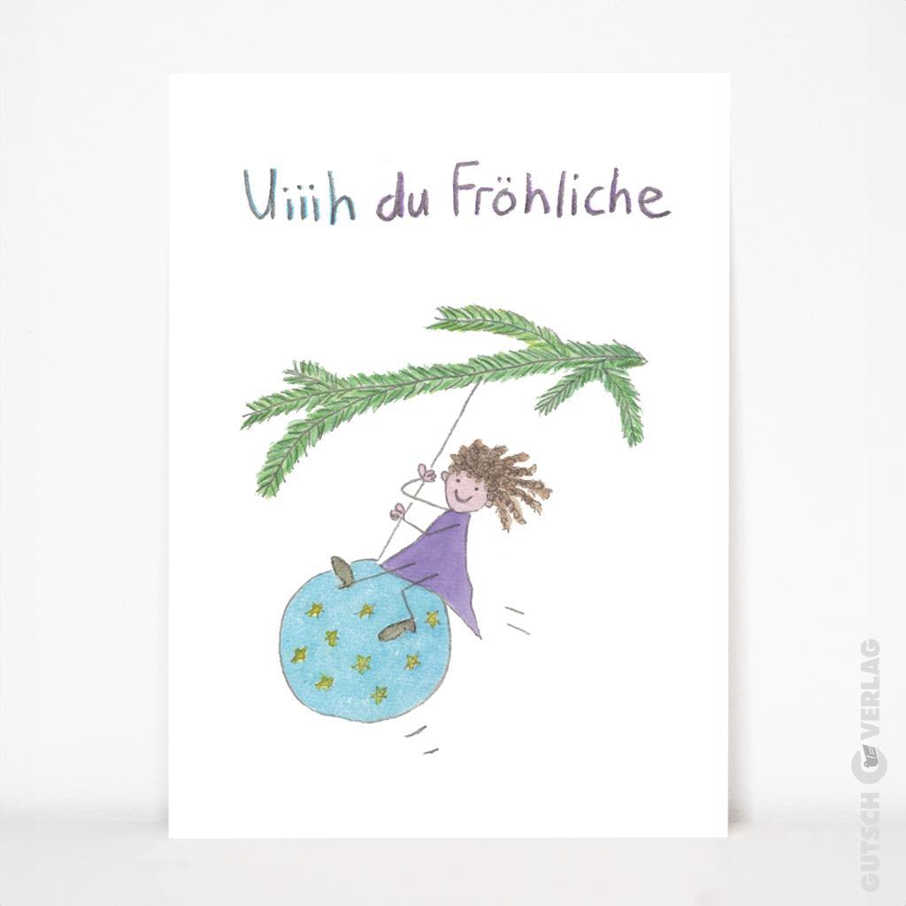Eine fröhliche Illustration eines Mädchens, das auf einem blauen Ornament schwingt, mit einem grünen Zweig über ihr.