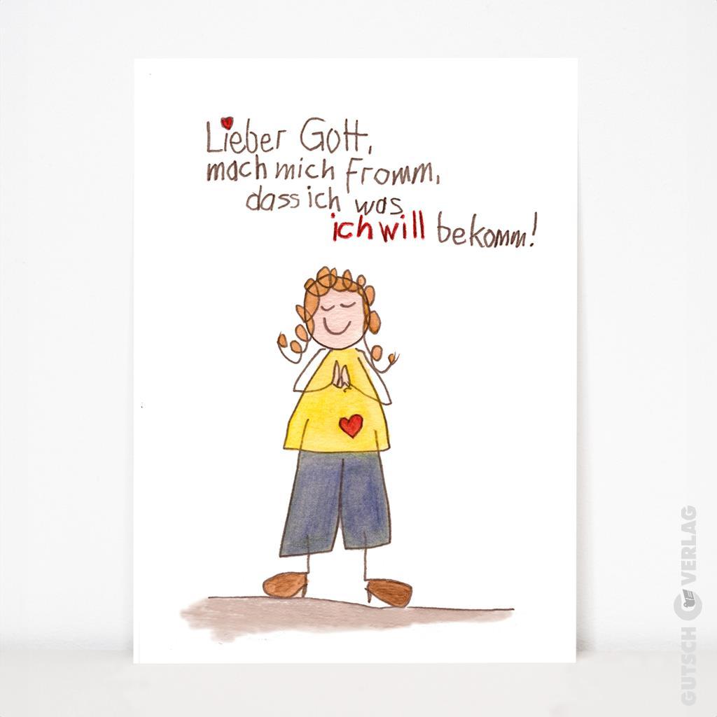 Eine kindliche Zeichnung eines Mädchens mit lockigem Haar und gefalteten Händen, das ein inniges Gebet um Wünsche zum Ausdruck bringt.