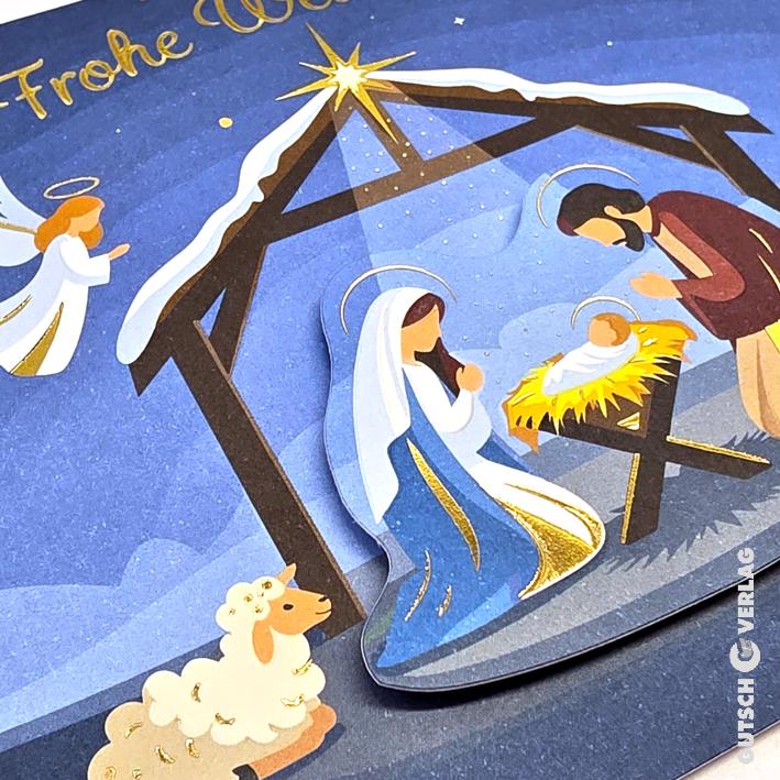 Eine stilisierte Weihnachtskrippe zeigt Maria, Josef und das Jesuskind in einer Krippe mit einem Engel und einem kleinen Schaf.