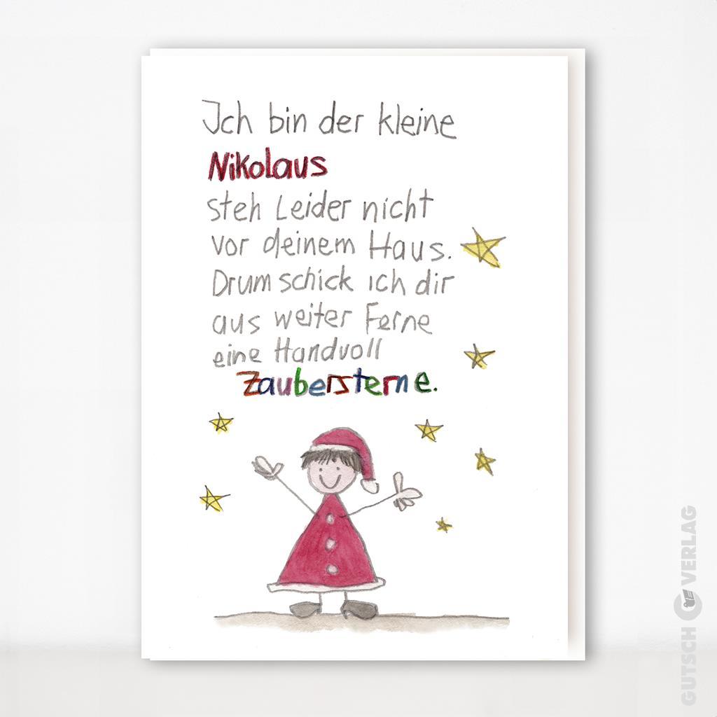Eine farbenfrohe Kinderzeichnung mit einer kleinen Figur in einem roten Outfit, umgeben von Sternen und festlichem Text.