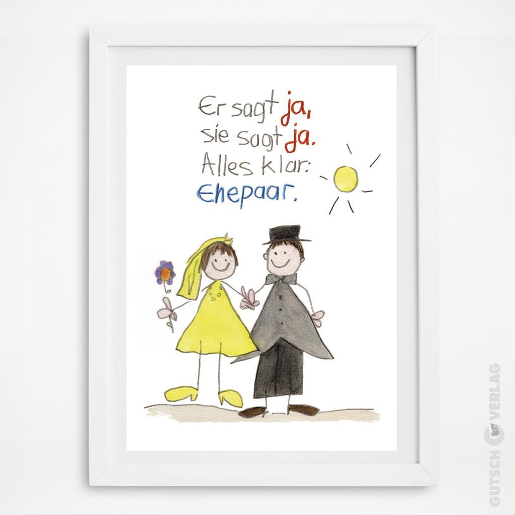 Eine farbenfrohe Illustration eines Paares in Hochzeitskleidung, das mit freudigem Gesichtsausdruck seine Vereinigung feiert.