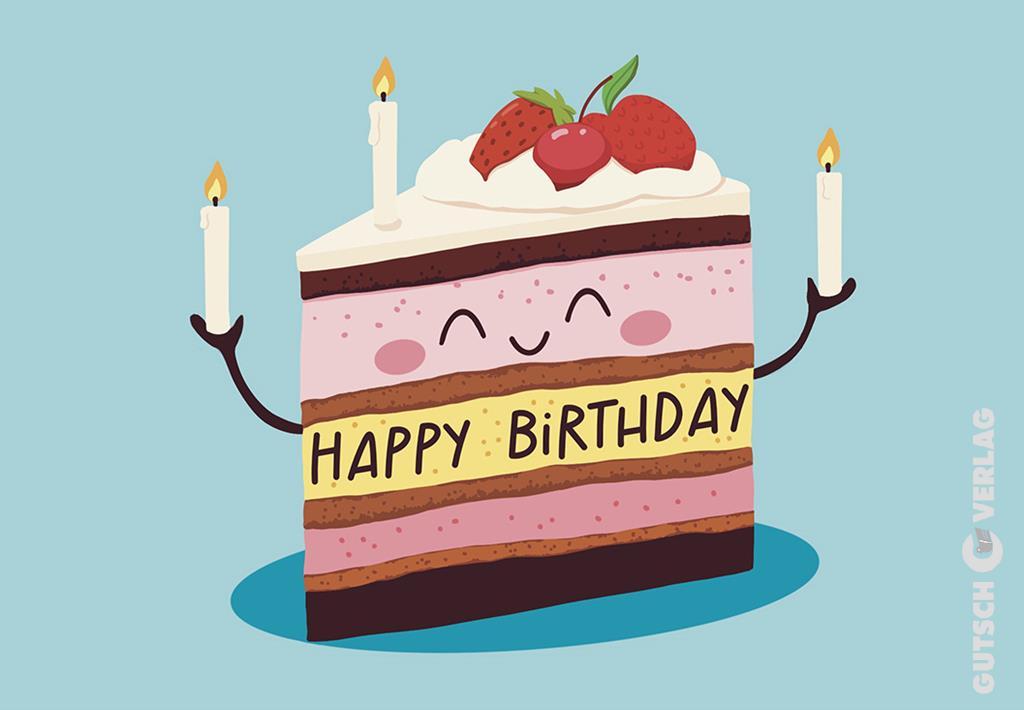 Eine fröhliche Geburtstagstorte mit Kerzen und Erdbeeren, mit einem lächelnden Gesicht und der Aufschrift „Happy Birthday“.