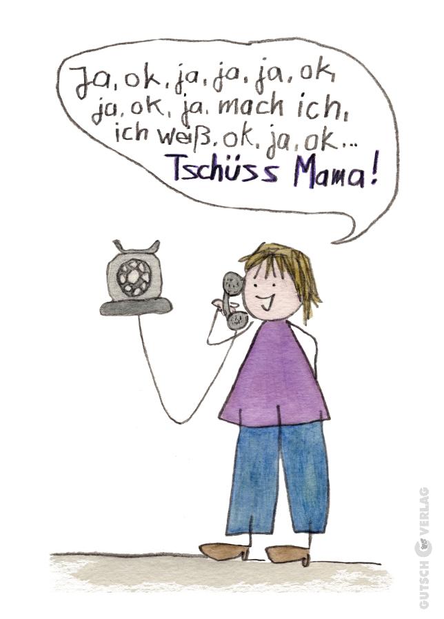 Ein Kind, das an einem alten Telefon spricht und seine Aufregung zum Ausdruck bringt, während es sich von seiner Mutter verabschiedet.