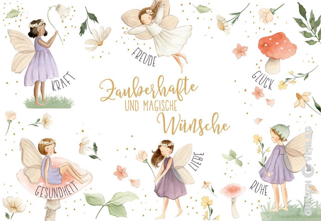 Aquarellillustration mit vier Feen, Pilzen und Blumen mit deutschem Text auf weißem Hintergrund mit goldenen Punkten.