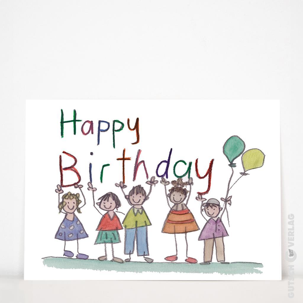 Bunte Geburtstagskarte mit fünf Kindern, die mit Luftballons feiern, und dem Text „Happy Birthday“.