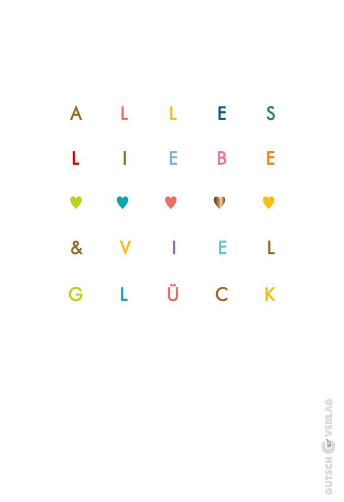 Ein weißer Hintergrund zeigt bunte Buchstaben und Herzen, die in einem Raster angeordnet sind und eine deutsche Grußbotschaft darstellen.