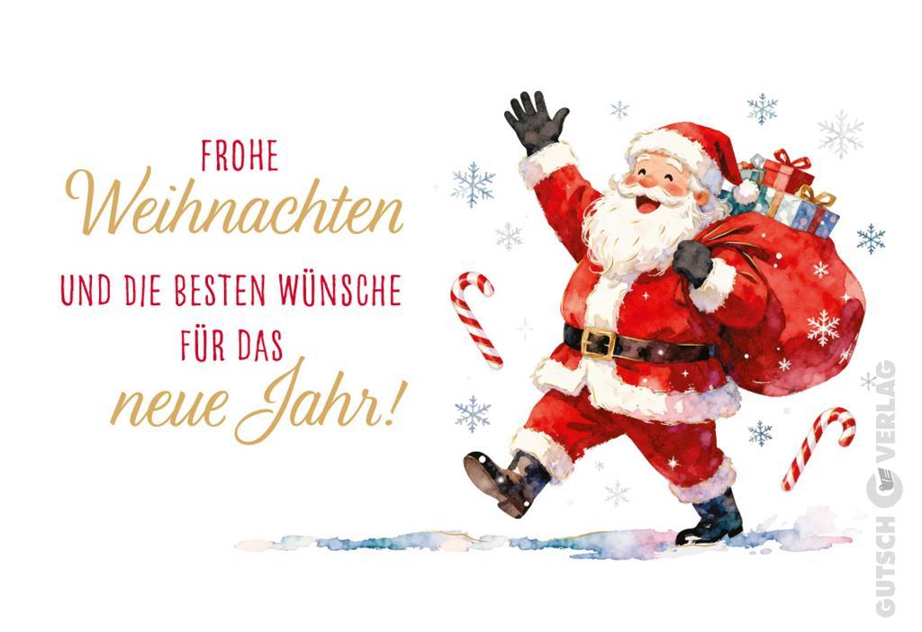 Ein fröhlicher Aquarell-Weihnachtsmann mit einem Sack voller Geschenke weht inmitten fallender Schneeflocken und Zuckerstangen auf Weiß.