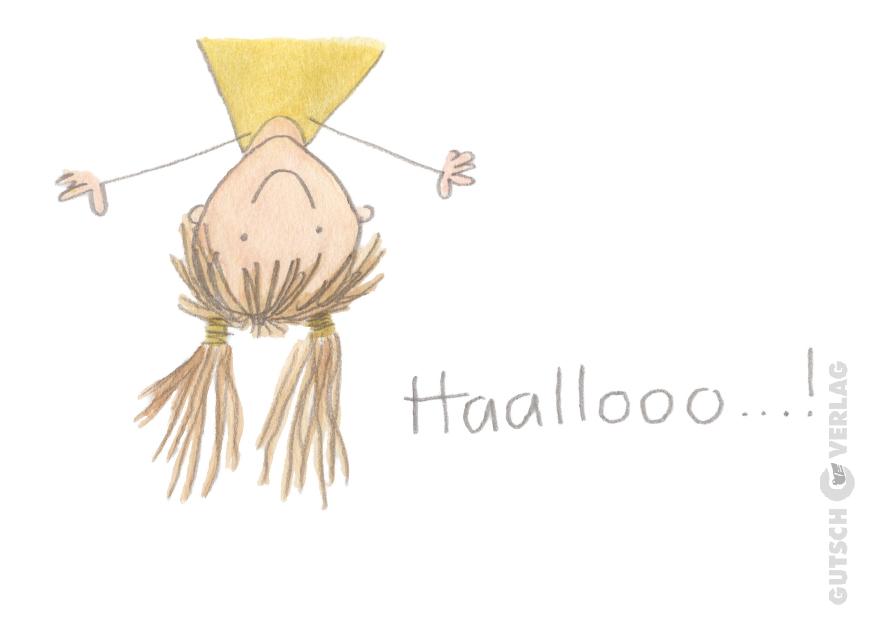 Eine verspielte Illustration eines kopfüber hängenden Mädchens, das mit dem Wort „Haallloo!“ grüßt. auf eine fröhliche Art und Weise.