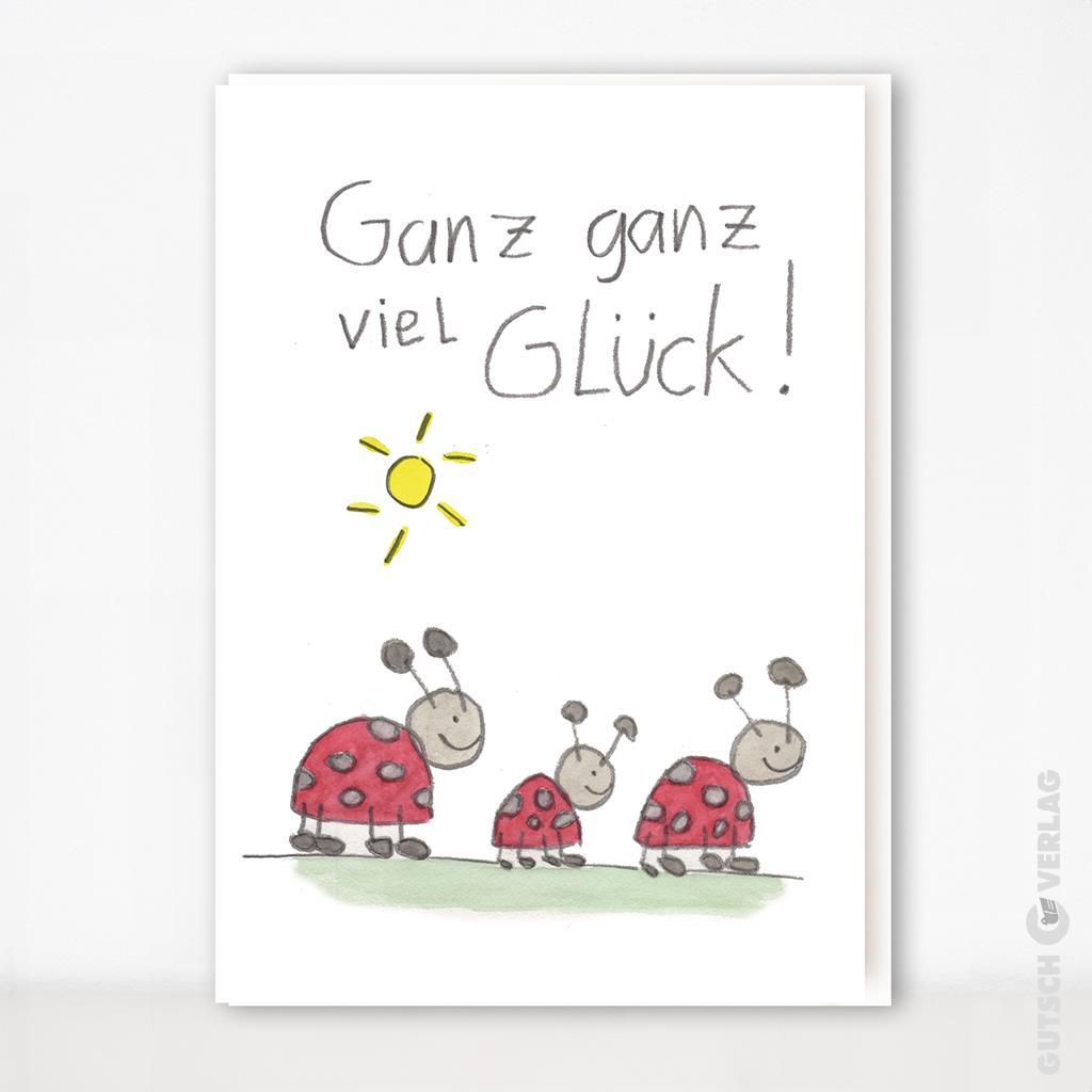 Eine fröhliche Glückwunschkarte mit drei Marienkäfern und einer Sonne in einem verspielten Design.