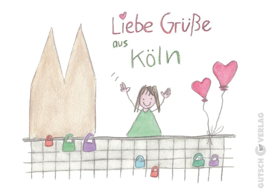 Eine farbenfrohe Illustration mit einem Mädchen, das mit Luftballons und Schlössern winkt und die Liebe aus Köln symbolisiert.