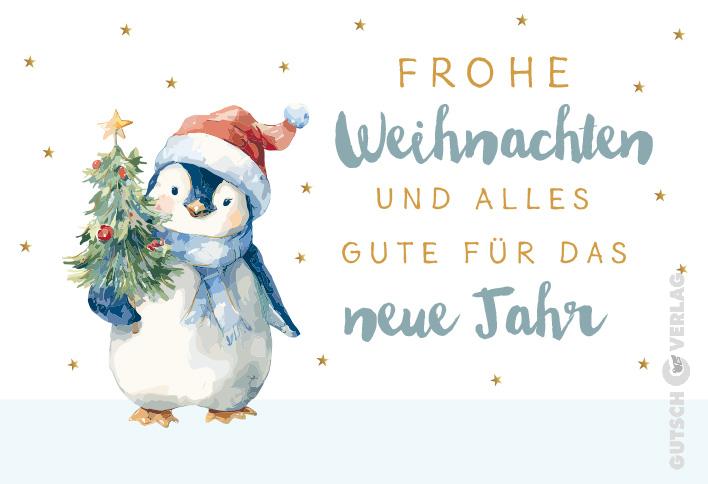 Ein niedlicher Aquarell-Pinguin mit Weihnachtsmütze und Schal hält einen kleinen Weihnachtsbaum vor einem Hintergrund aus Sternen.
