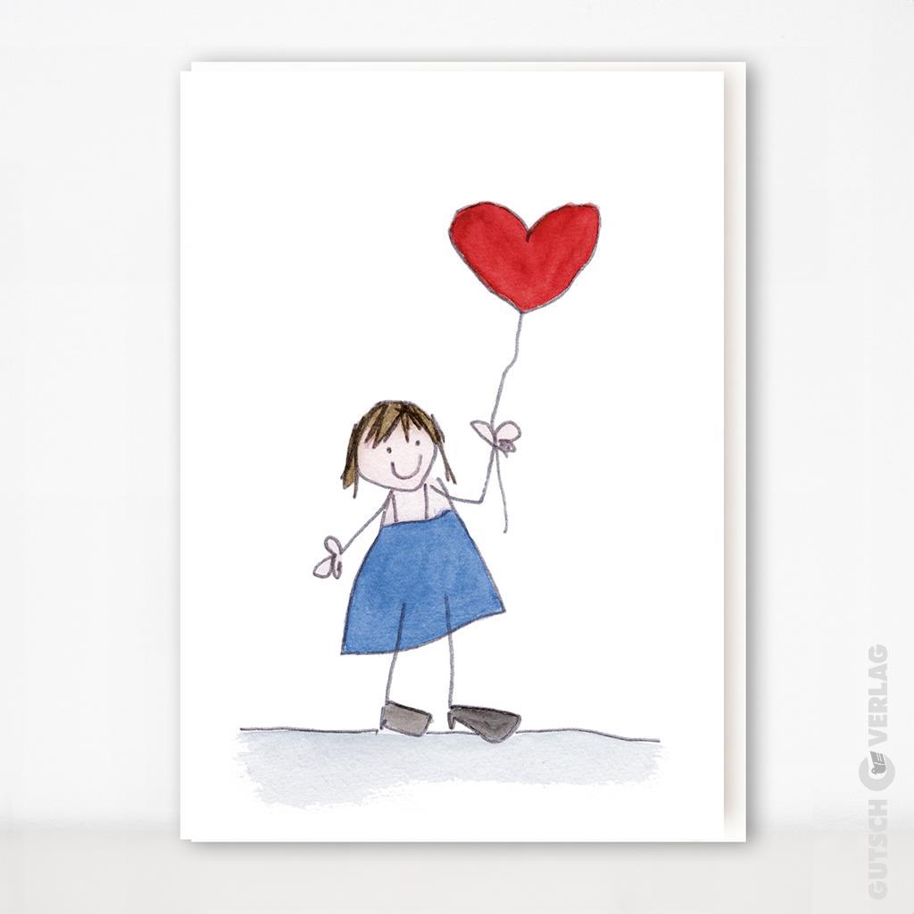 Kind hält einen roten Herzballon in der Hand, trägt einen blauen Overall und lächelt, in einem einfachen Aquarellstil.