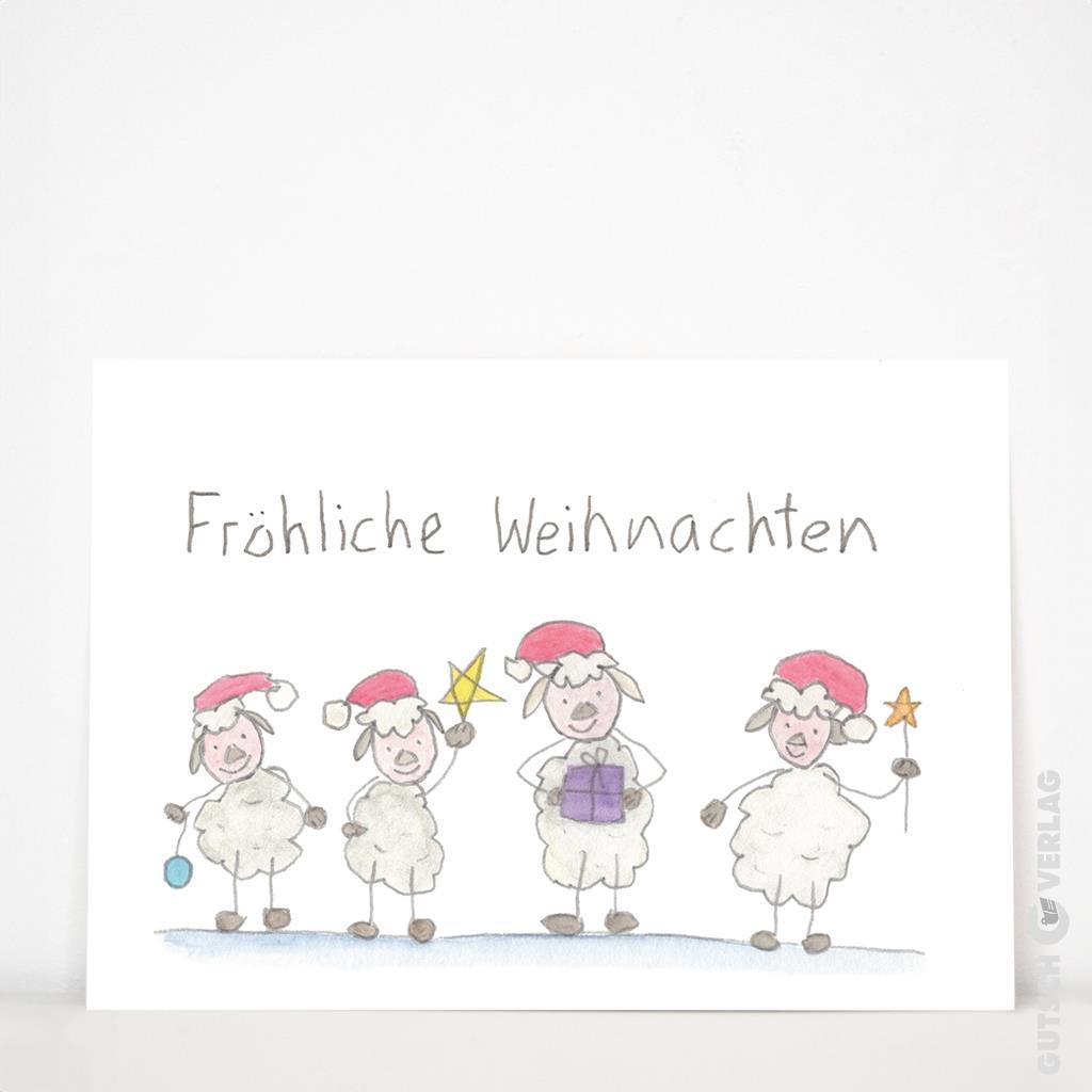 Vier Cartoon-Schafe mit Weihnachtsmützen feiern Weihnachten mit Geschenken und Dekorationen, fröhliche Feiertagsillustration.