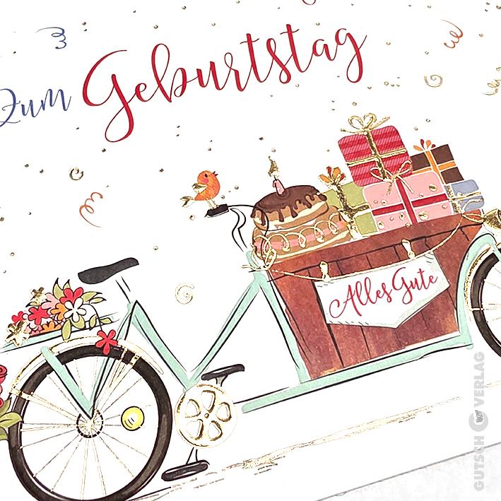 Eine Geburtstagskartenillustration mit einem Fahrrad, das einen Kuchen, Geschenke und Blumen mit festlichen Konfetti-Akzenten trägt.
