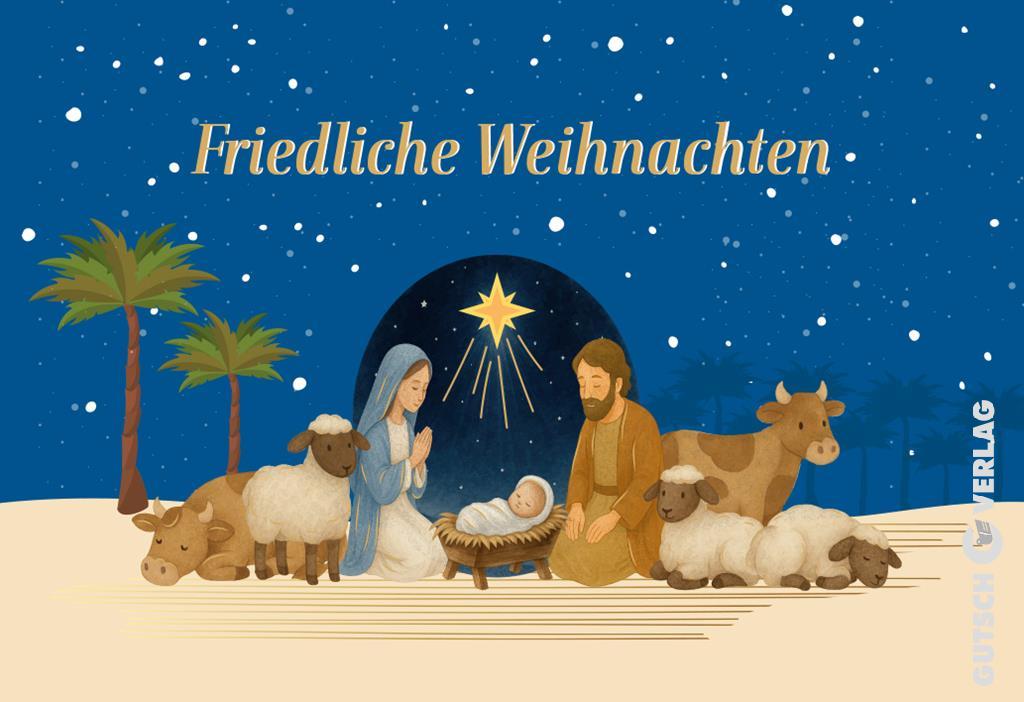 Eine Krippe mit Maria, Josef und dem Jesuskind in einer Krippe unter einem hellen Stern, umgeben von Tieren und Palmen.