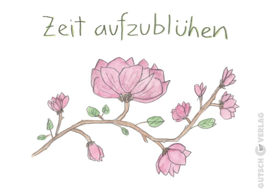 Illustration von rosa Magnolienblüten mit der Aufschrift „Zeit aufzublühen“ darüber, die Blüte und Wachstum symbolisiert.