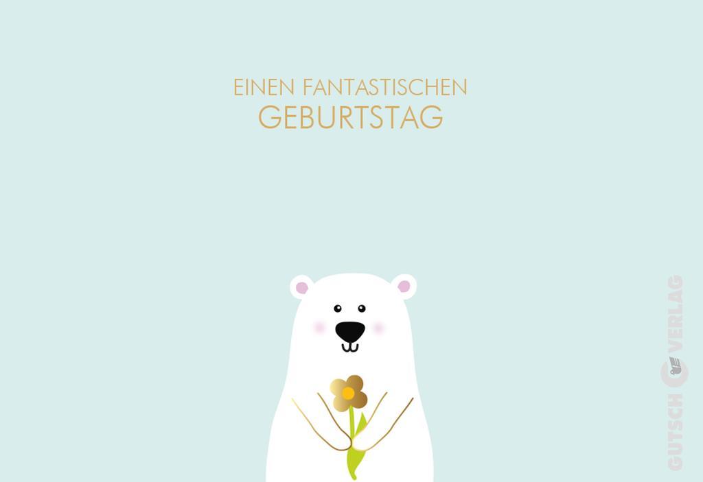 Ein süßer Cartoon-Eisbär auf hellblauem Hintergrund mit einer goldenen Blume und einem deutschen Geburtstagsgrußtext darüber.