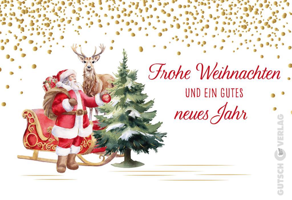 Aquarell-Illustration des Weihnachtsmanns mit einem Rentier, einem Schlitten und einem Weihnachtsbaum unter goldenem Konfetti auf Weiß.